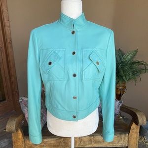 NEW! WORTH Blue Cropped Genuine Leather Jacket Size 8.